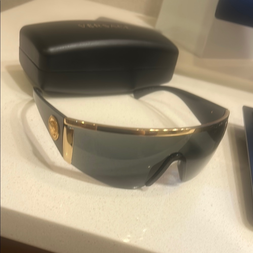 Versace Tribute Gold and Black Shield Sunglasses MOD 2197 1000/87 130 3N